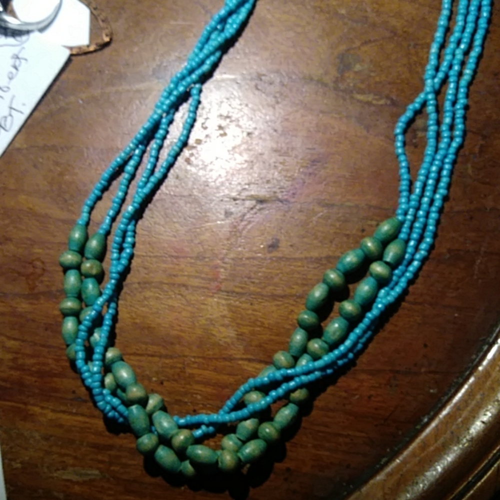 Vintage wooden mulri layered Aqua Beaded necklace